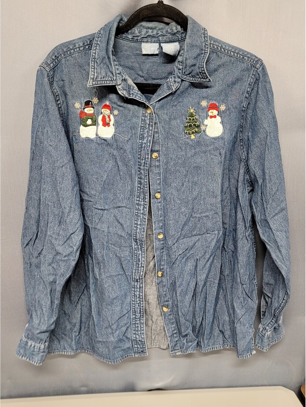 Vintage Holiday Editions Christmas Snowmen Embroidered Denim Button Up Shirt